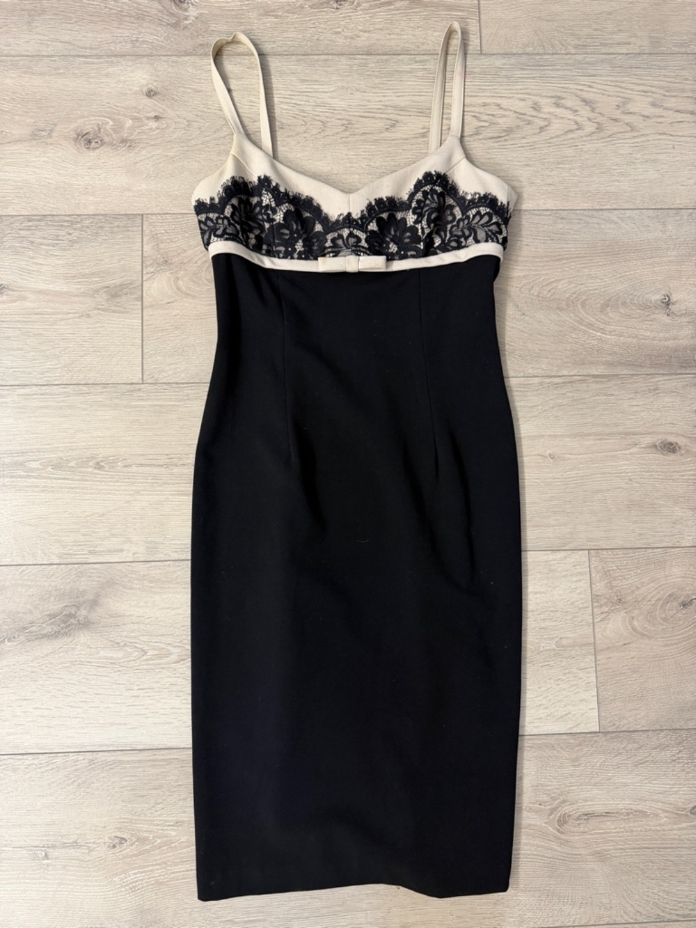 Form fitting boutique Black Midi Dress with Cream Lace Bodice